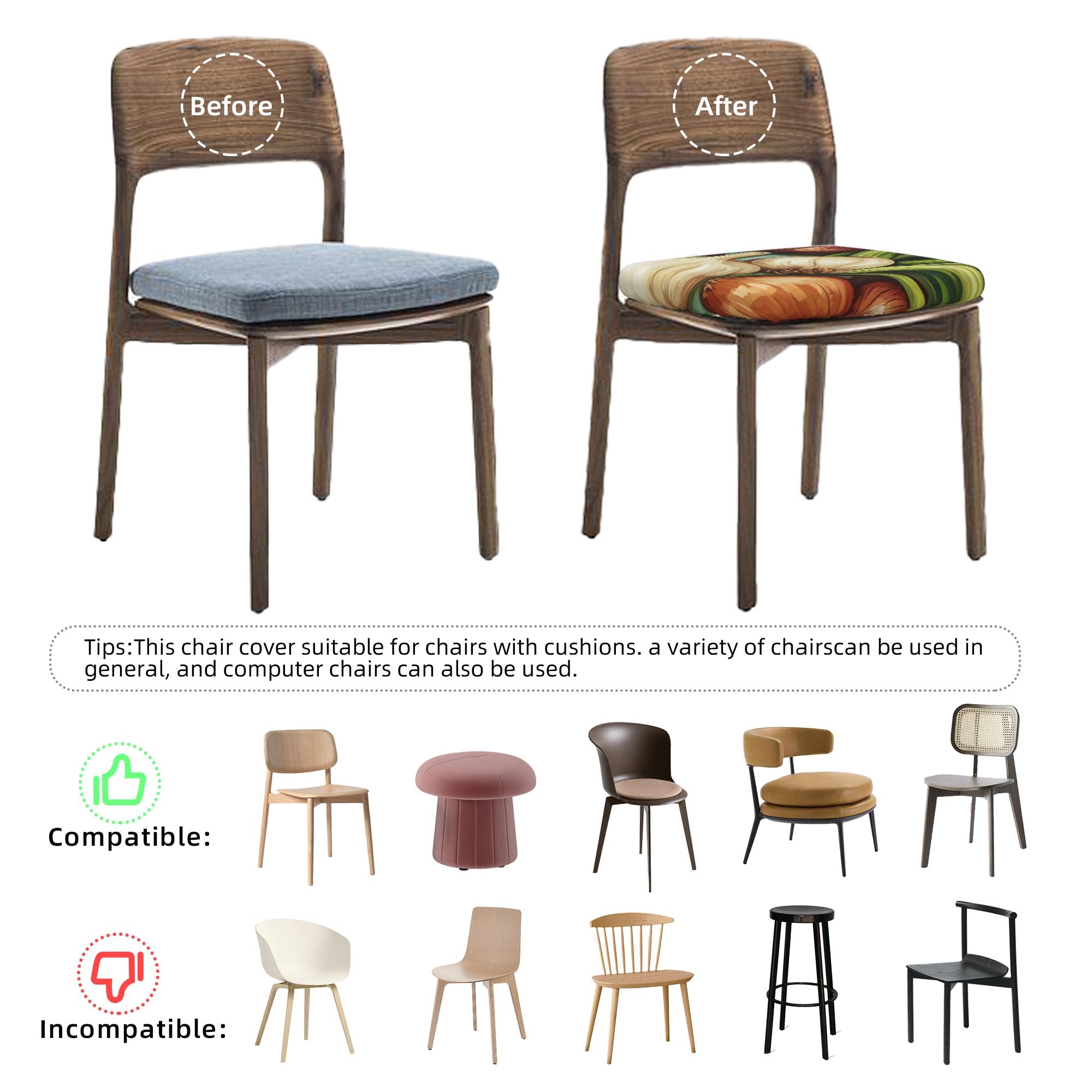 6PCS Elastic Chair Seat Covers with Vegetable Print – Removable Non-Slip Cushion Covers for Dining Chairs