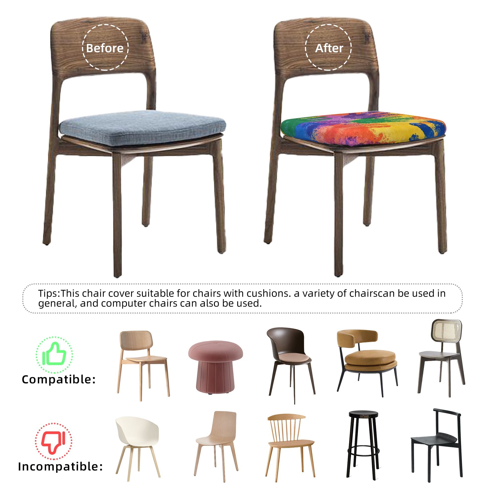 6-Pack Colorful Handprint Chair Seat Covers – Washable Elastic-Fit Cushion Slipcovers for Dining, Office, or Meeting Chairs
