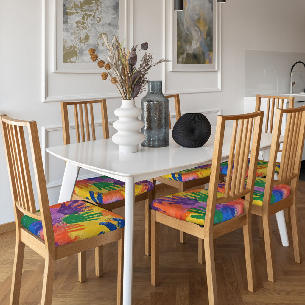6-Pack Colorful Handprint Chair Seat Covers – Washable Elastic-Fit Cushion Slipcovers for Dining, Office, or Meeting Chairs