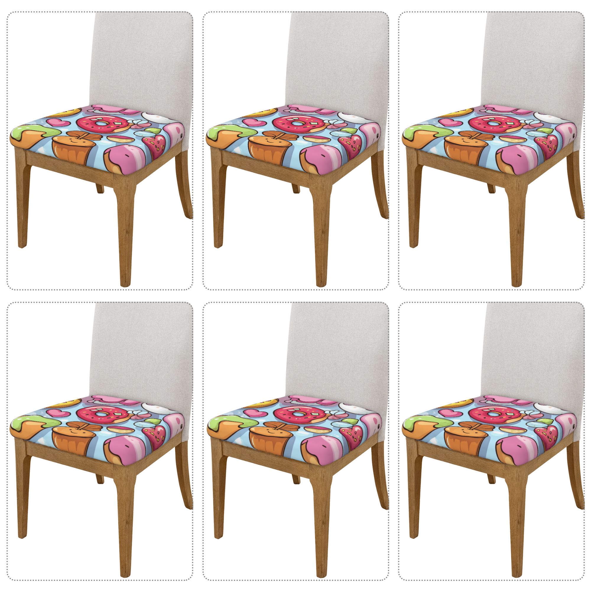 Cartoon Dessert Pattern Chair Seat Covers Set of 6 | Elastic Non-Slip Chair Cushion Slipcovers for Dining, Kitchen & Home Decor
