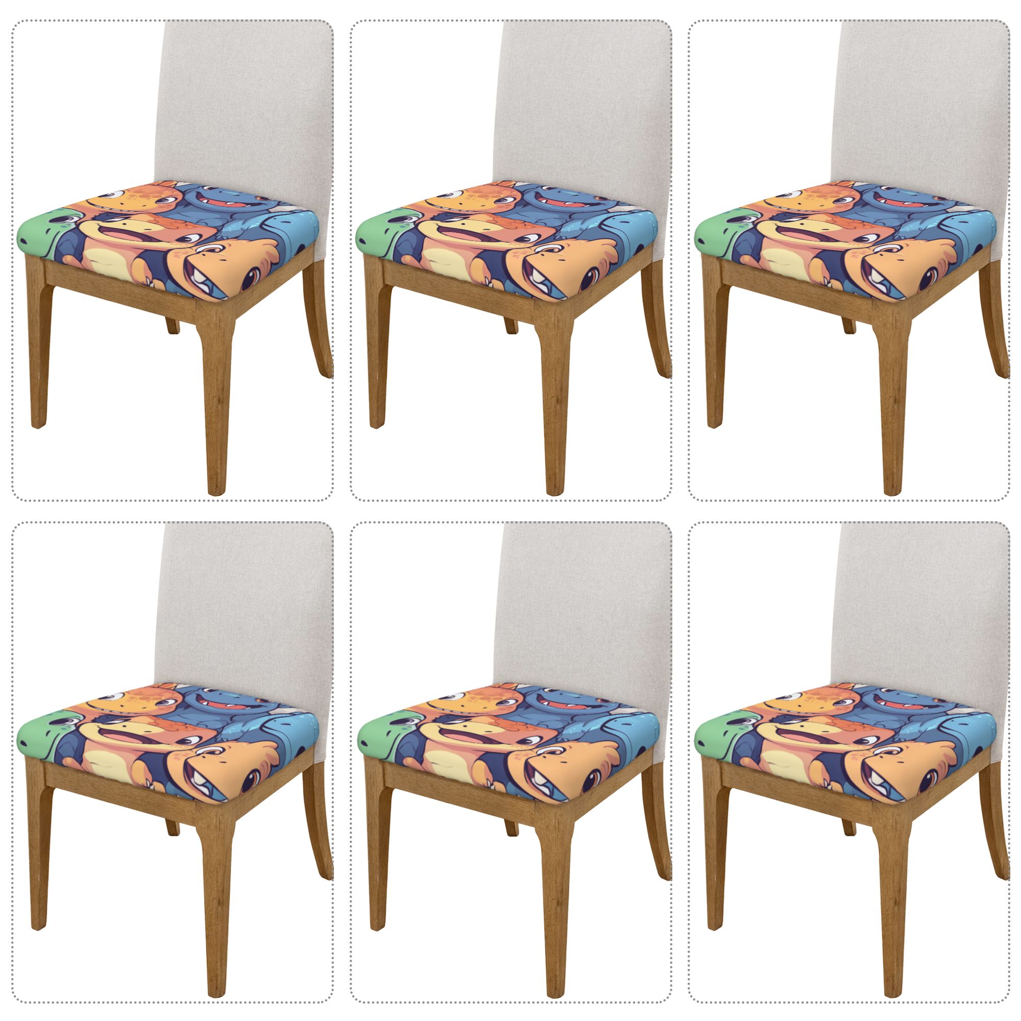 6-Pack Stretch Chair Seat Covers with Cartoon Dinosaur Print – Fits 16.9"x16.9" Cushions, Elastic Edges & Tie-Back Design, Suitable for 2.5–6cm Thickness