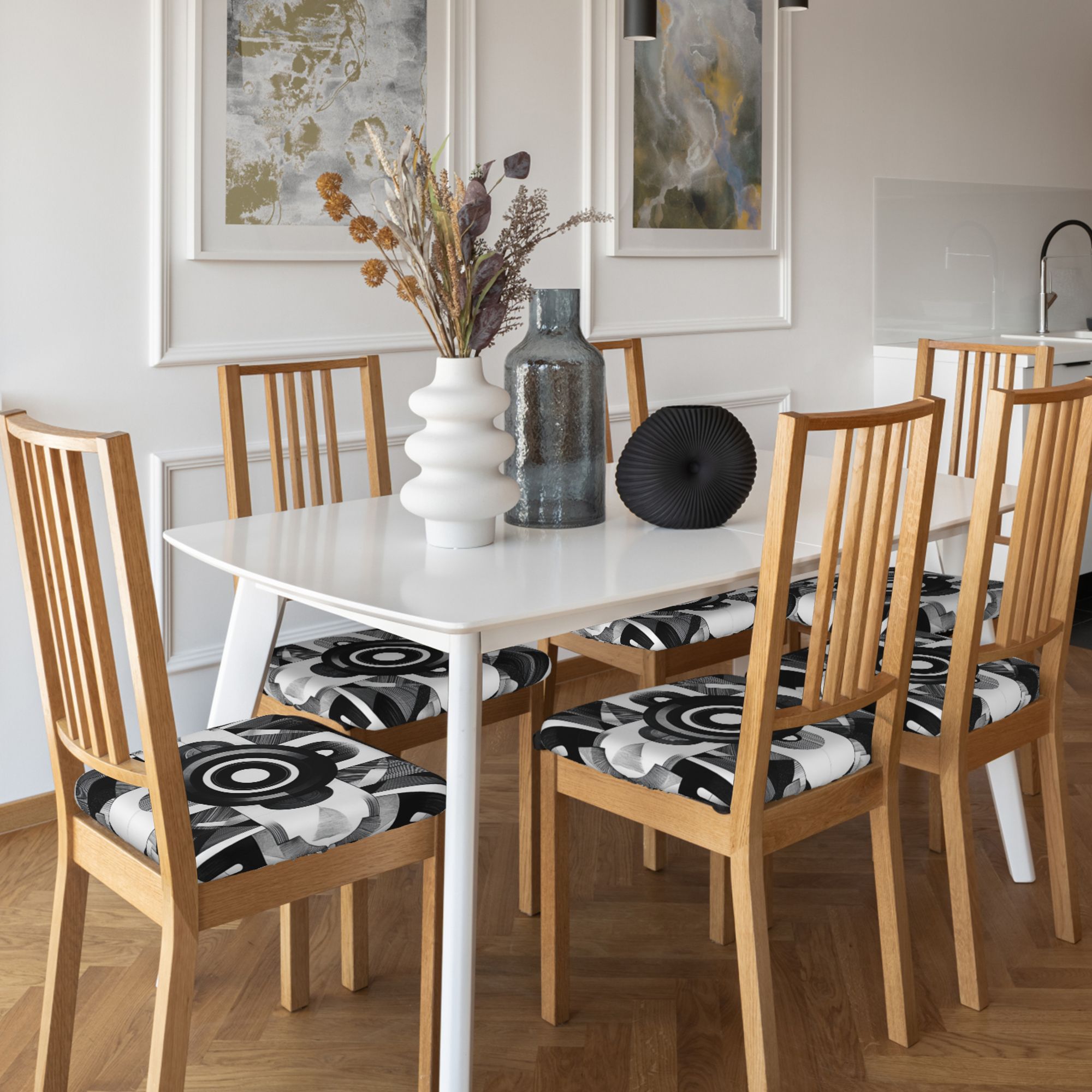 Black & White Geometric Chair Seat Covers (Set of 6) – Stretch Washable Anti-Slip Chair Pad Protectors for Dining & Office