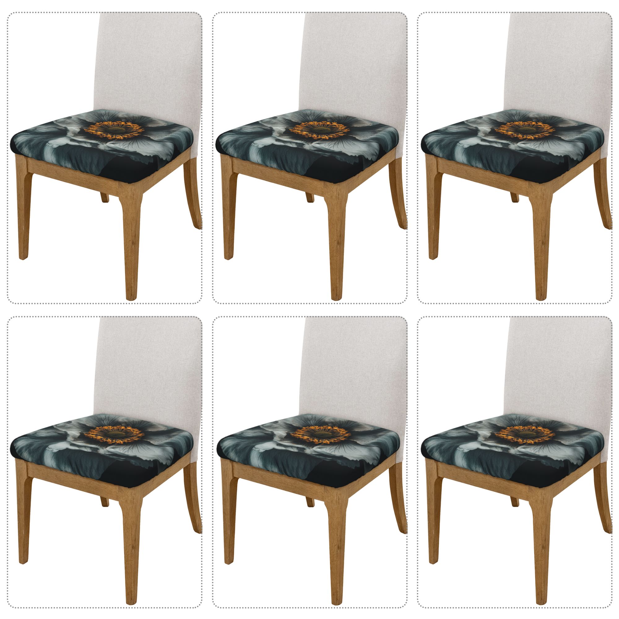 6-Pack Floral Chair Seat Covers – Elastic Anti-Slip Cushion Covers with Gray-Black Peony Pattern