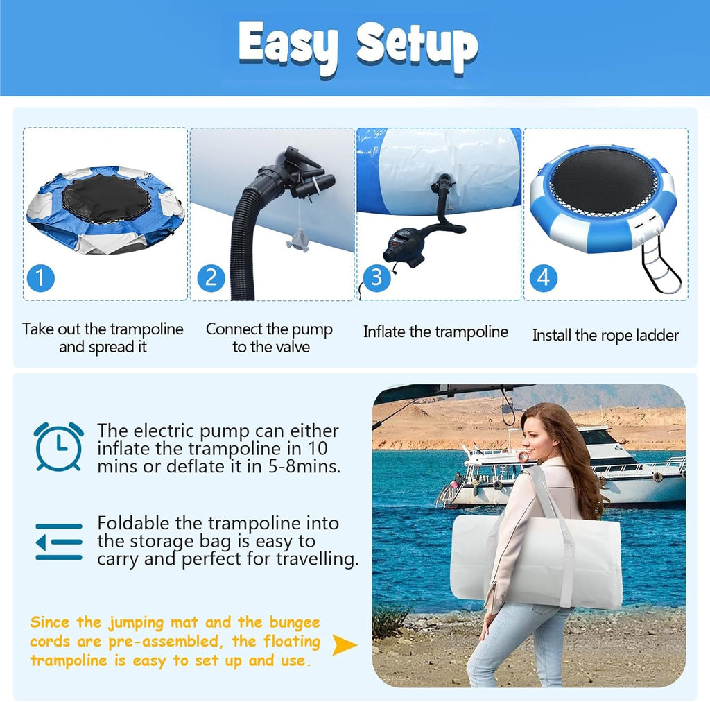 Inflatable Water Trampoline, 10FT/15FT/17FT Recreational Water Bouncer with Electric Pump