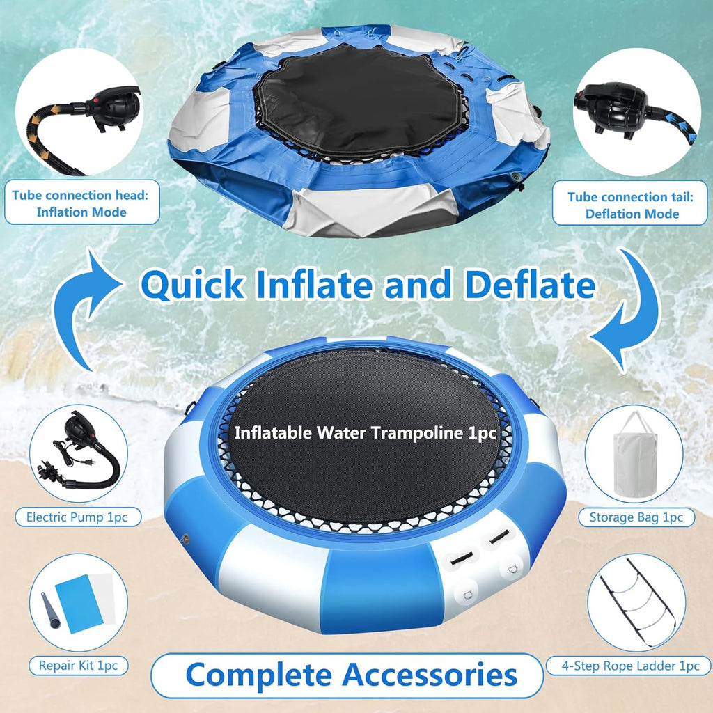 Inflatable Water Trampoline, 10FT/15FT/17FT Recreational Water Bouncer with Electric Pump